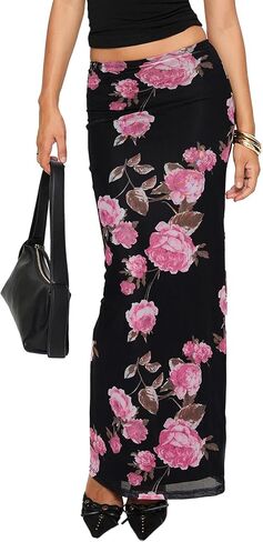 Women's Maxi Skirt Mesh Floral Print Casual High Waisted Elastic Bodycon Fishtail Hem Vacation Long Skirts in Kuwait