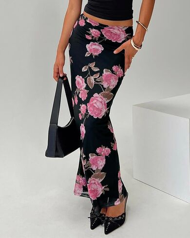 Women's Maxi Skirt Mesh Floral Print Casual High Waisted Elastic Bodycon Fishtail Hem Vacation Long Skirts in Kuwait