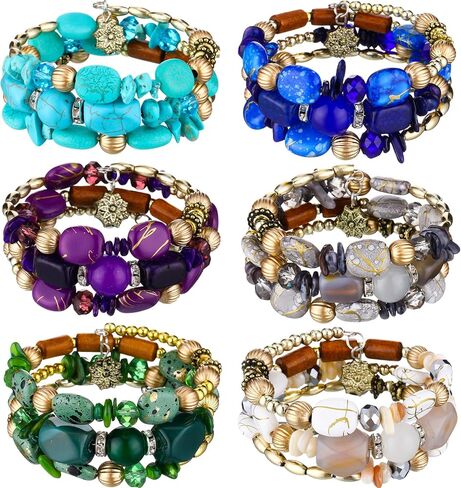 6 Pcs Boho Multilayer Irregular Agate Beads Charm Bracelets Vintage Yoga Turquoise Bangles Boho Jewelry for Women (Fresh Color) (Classic Color) in Saudi Arabia