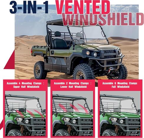 3-in-1 Flip Front Windshield متوافق مع Kawasaki Mule Pro Fxt Clear Vatseed Windscreen UTV الملحقات البلاستيكية (PC) in Saudi Arabia