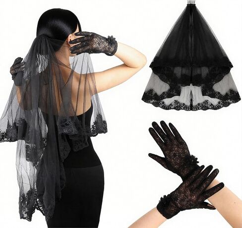 Black Veil and Gloves Set Embroidered Floral Edge Bridal Veils Halloween Wedding Lace Mesh Gloves Short Long Black Funeral in Saudi Arabia