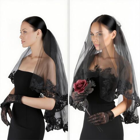 Black Veil and Gloves Set Embroidered Floral Edge Bridal Veils Halloween Wedding Lace Mesh Gloves Short Long Black Funeral in Saudi Arabia