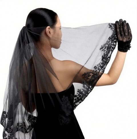 Black Veil and Gloves Set Embroidered Floral Edge Bridal Veils Halloween Wedding Lace Mesh Gloves Short Long Black Funeral in Saudi Arabia