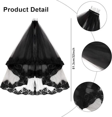 Black Veil and Gloves Set Embroidered Floral Edge Bridal Veils Halloween Wedding Lace Mesh Gloves Short Long Black Funeral in Saudi Arabia