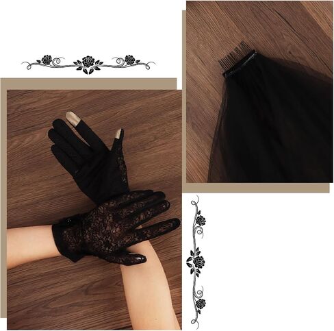 Black Veil and Gloves Set Embroidered Floral Edge Bridal Veils Halloween Wedding Lace Mesh Gloves Short Long Black Funeral in Saudi Arabia