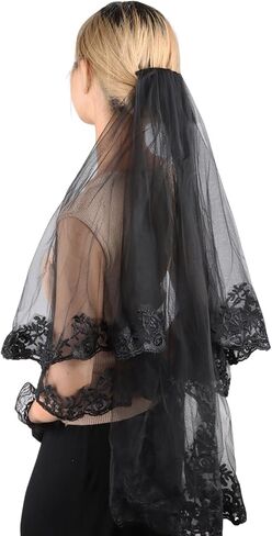 Black Veil and Gloves Set Embroidered Floral Edge Bridal Veils Halloween Wedding Lace Mesh Gloves Short Long Black Funeral in Saudi Arabia