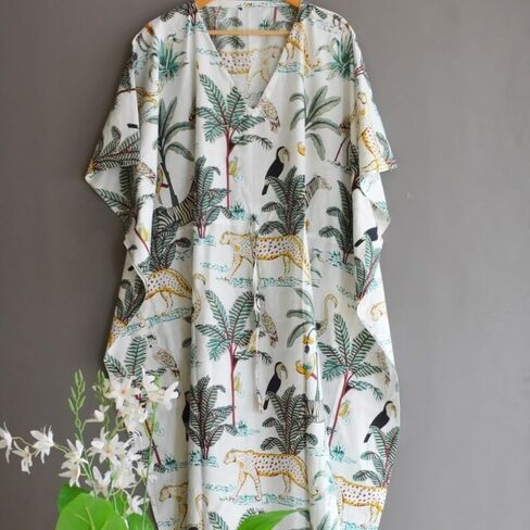 INDACORIFY 100% Cotton Kaftan Dress, Floral Printed Women Dressmaking, Handmade Indian Long Kaftan Suit, Beautiful Beach in Saudi Arabia