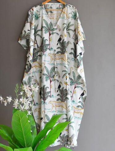 INDACORIFY 100% Cotton Kaftan Dress, Floral Printed Women Dressmaking, Handmade Indian Long Kaftan Suit, Beautiful Beach in Saudi Arabia