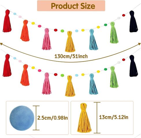 3Pcs Colorful Boho Tassel Garland,Each 130cm/51in Long 12 Balls Felt Ball Garland,Rainbow Pom Pom Tassel,for Kids Room Classroom Nursery Dorm Birthday Party Decorations(Rainbow Colors) in Saudi Arabia