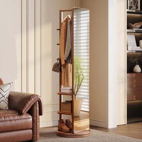 360° Rotating Standing Mirror Full Length with Coat Rack, Full Length Mirror 69" with Stand & Hidden Storage for Bedroom, Entryway, Closet in Saudi Arabia