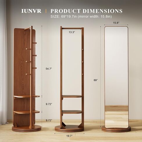 360° Rotating Standing Mirror Full Length with Coat Rack, Full Length Mirror 69" with Stand & Hidden Storage for Bedroom, Entryway, Closet in Saudi Arabia