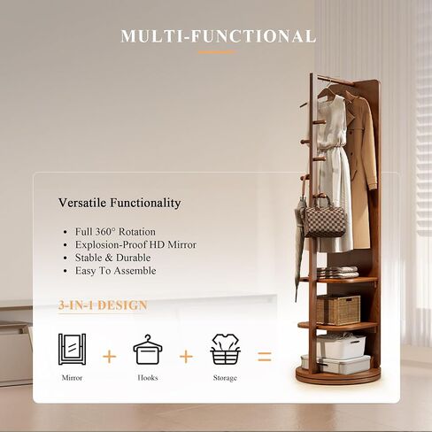 360° Rotating Standing Mirror Full Length with Coat Rack, Full Length Mirror 69" with Stand & Hidden Storage for Bedroom, Entryway, Closet in Saudi Arabia