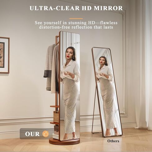 360° Rotating Standing Mirror Full Length with Coat Rack, Full Length Mirror 69" with Stand & Hidden Storage for Bedroom, Entryway, Closet in Saudi Arabia