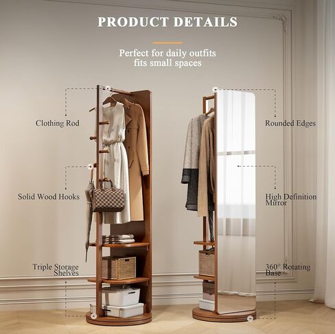 360° Rotating Standing Mirror Full Length with Coat Rack, Full Length Mirror 69" with Stand & Hidden Storage for Bedroom, Entryway, Closet in Saudi Arabia