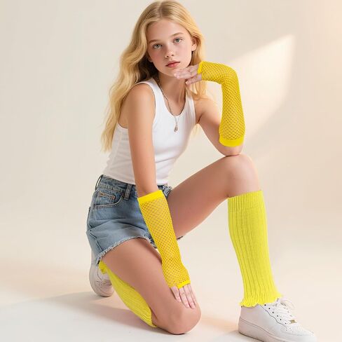 Leg Warmers Fishnet Gloves Fingerless Set Knit Long Socks for Women Girls 80s 90s Party Accessories Halloween in Kuwait