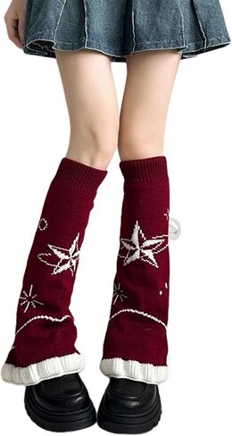 Leoparts Womens Knit Leg Warmers Y2K Star Pattern Flared Knee High Leg Sleeve Socks Goth Punk Harajuku Streetwear Leg Cover in Saudi Arabia