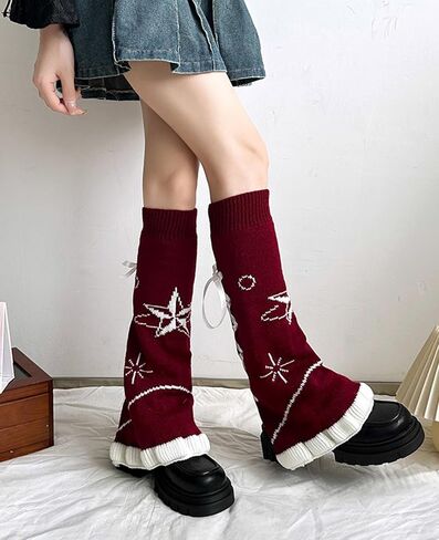 Leoparts Womens Knit Leg Warmers Y2K Star Pattern Flared Knee High Leg Sleeve Socks Goth Punk Harajuku Streetwear Leg Cover in Saudi Arabia