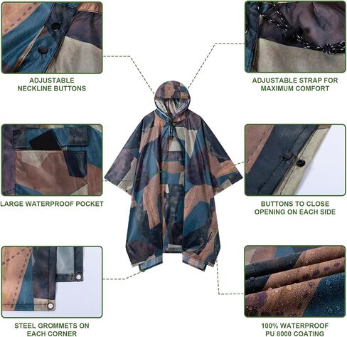 Hooded Rain Poncho for Adults - Waterproof Rain Coat and Lightweight Jacket 3-in-1 Multi-Function with Pockets in Saudi Arabia