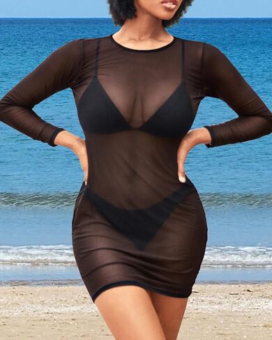 بدلة سباحة نسائية Daci شبكية شفافة مثيرة مع فستان شاطئ بأكمام طويلة بنمط Bodycon in Kuwait