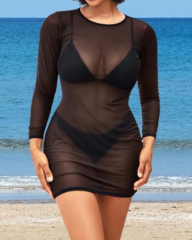 بدلة سباحة نسائية Daci شبكية شفافة مثيرة مع فستان شاطئ بأكمام طويلة بنمط Bodycon in Kuwait