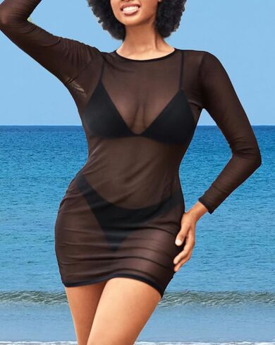 بدلة سباحة نسائية Daci شبكية شفافة مثيرة مع فستان شاطئ بأكمام طويلة بنمط Bodycon in Kuwait