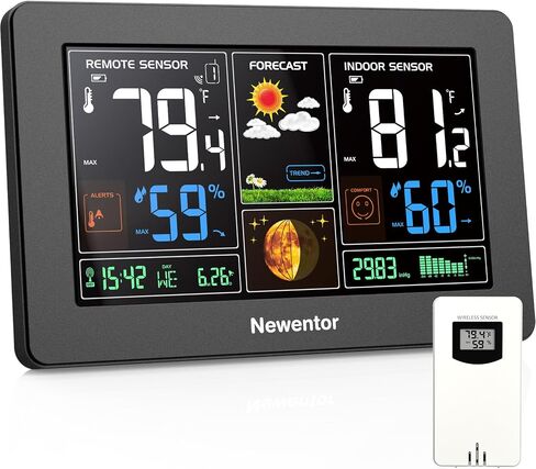 Newentor محطة الطقس اللاسلكية المقياس الحراري الداخلي في الهواء الطلق ، عرض حرارة الطقس الرقمي مع عرض الساعة الذرية ، والضغط البارومتري ، ومحطة توقع مع الإضاءة الخلفية القابلة للتعديل ، والأسود in Kuwait