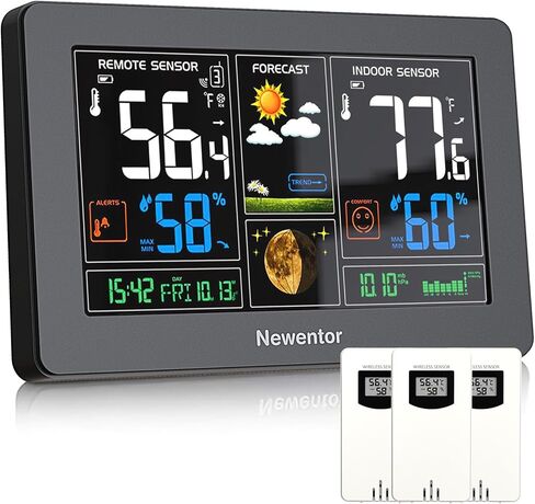 Newentor محطة الطقس اللاسلكية المقياس الحراري الداخلي في الهواء الطلق ، عرض حرارة الطقس الرقمي مع عرض الساعة الذرية ، والضغط البارومتري ، ومحطة توقع مع الإضاءة الخلفية القابلة للتعديل ، والأسود in Kuwait