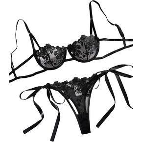 Sexy Floral Embroidered Strappy Lace Lingerie Set Tie Side Underwire Mesh Sheer Bra and Panty in Saudi Arabia