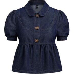 CIDER Women Denim Peter Pan Collar Ruched Puff Sleeve Blouse Denim Neck Short Sleeve Shirts in Kuwait