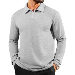 Mens Casual Polo Shirts Long Sleeve Striped Textured Slim Fit Lightweight Soft Classic Collared Golf Shirts in Kuwait