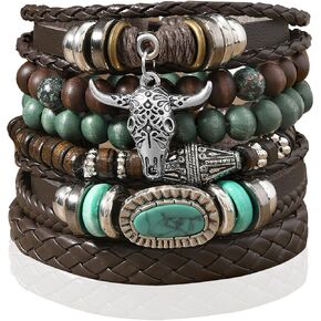 Western Boho Leather Wrap Bracelets for Women Bohemian Vintage Stackable Turquoise Bracelet Rustic Beaded，Multi-Layer Bracelets with Feather Pattern Strong Clasp, Country Concert Jewelry for Women in Kuwait