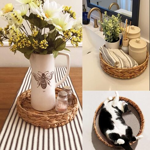 Large Round Water Hyacinth Storage Baskets, Hand-Woven Natural Grass Weaving Trays with Built-in Handles, Wicker Serving Trays for Fruit, Arts, Crafts, and Home Decor in Saudi Arabia