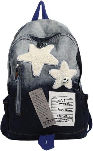 Cute Star Denim Backpack, Grunge Y2K Vintage Fashion Bookbag, Aesthetic Emo 2000s Backpack for Women Men Casual Bag (Black) in Saudi Arabia