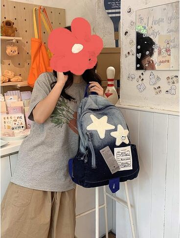 Cute Star Denim Backpack, Grunge Y2K Vintage Fashion Bookbag, Aesthetic Emo 2000s Backpack for Women Men Casual Bag (Black) in Saudi Arabia