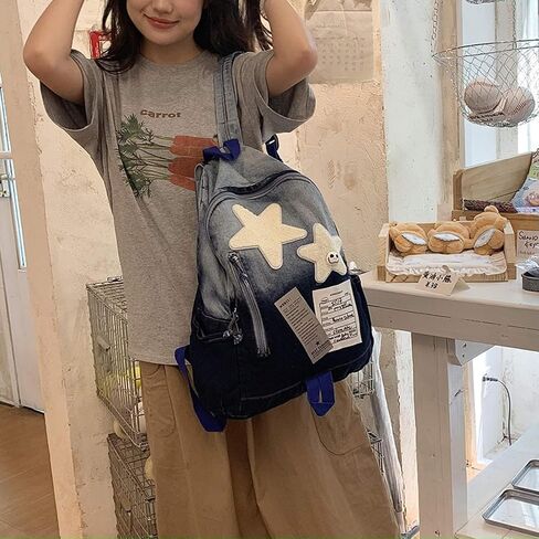 Cute Star Denim Backpack, Grunge Y2K Vintage Fashion Bookbag, Aesthetic Emo 2000s Backpack for Women Men Casual Bag (Black) in Saudi Arabia