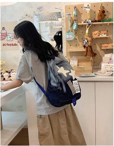 Cute Star Denim Backpack, Grunge Y2K Vintage Fashion Bookbag, Aesthetic Emo 2000s Backpack for Women Men Casual Bag (Black) in Saudi Arabia
