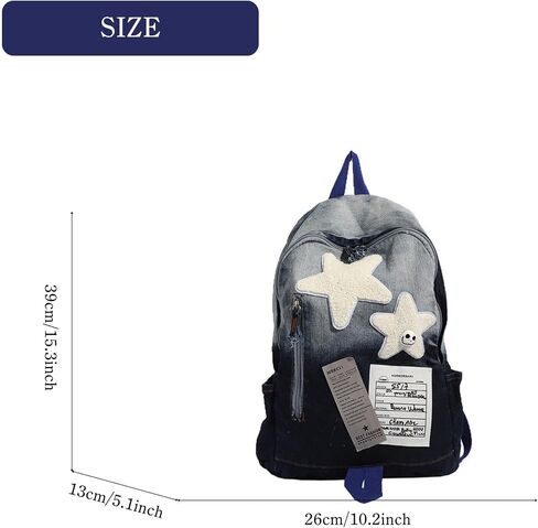 Cute Star Denim Backpack, Grunge Y2K Vintage Fashion Bookbag, Aesthetic Emo 2000s Backpack for Women Men Casual Bag (Black) in Saudi Arabia