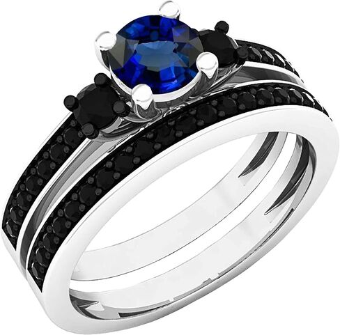 Dazzlingrock Collection 5 MM Center Round Lab Created Gemstone with Natural Black Diamond Three Stone Engagement Ring Set for Women | 925 Sterling Silver in Saudi Arabia