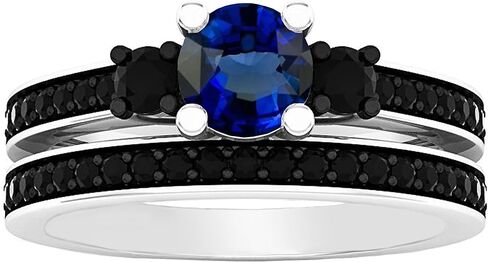 Dazzlingrock Collection 5 MM Center Round Lab Created Gemstone with Natural Black Diamond Three Stone Engagement Ring Set for Women | 925 Sterling Silver in Saudi Arabia