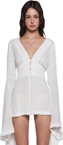 Dolls Kill Deep V Gauzy Romper by Current Mood – Women’s Boho V-Neck Romper with Flare Sleeves & Button Front in Saudi Arabia