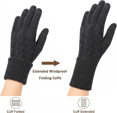 Winter Warm Fleece Lined Gloves for Women, Thermal Wool Cable Knit Gloves for Cold Weather, Touchscreen Fingers Folding Cuffs in Kuwait