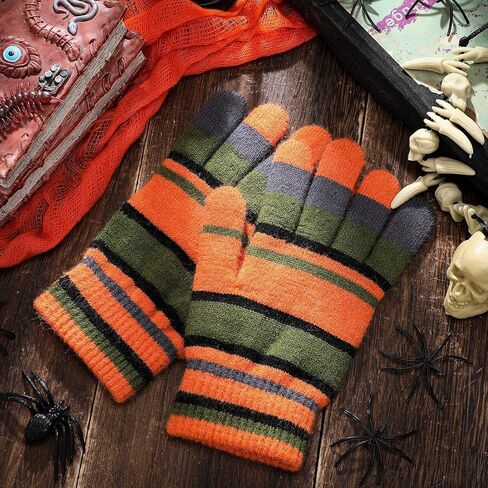 Striped Orange and Green Fuzzy Gloves Halloween Movie Cosplay Accessories Warm Striped Gloves for Cosplay Winter in Saudi Arabia
