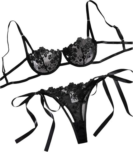 Sexy Floral Embroidered Strappy Lace Lingerie Set Tie Side Underwire Mesh Sheer Bra and Panty in Saudi Arabia
