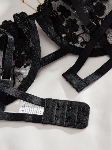 Sexy Floral Embroidered Strappy Lace Lingerie Set Tie Side Underwire Mesh Sheer Bra and Panty in Saudi Arabia