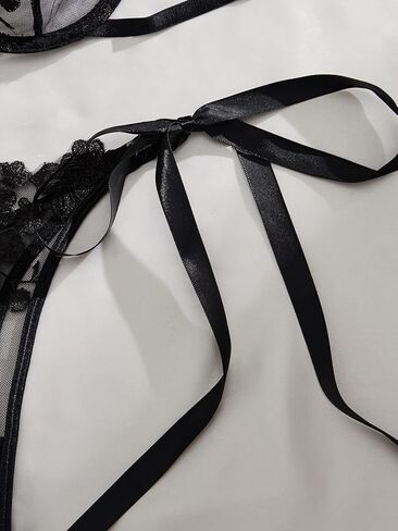 Sexy Floral Embroidered Strappy Lace Lingerie Set Tie Side Underwire Mesh Sheer Bra and Panty in Saudi Arabia