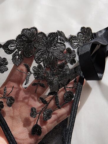 Sexy Floral Embroidered Strappy Lace Lingerie Set Tie Side Underwire Mesh Sheer Bra and Panty in Saudi Arabia
