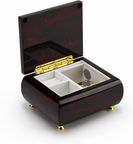 MusicBoxAttic - Burgundy Beveled Top Wooden Music Jewelry Box Musical Jewelry Box with Artistic Floral Motif - 18-Note Mechanical Movement - 5" L x 4.5" W x 2.5" H (Somewhere Over The Rainbow) in Kuwait