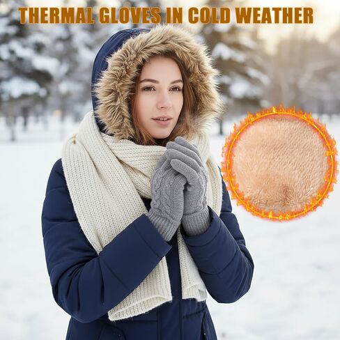 Winter Warm Fleece Lined Gloves for Women, Thermal Wool Cable Knit Gloves for Cold Weather, Touchscreen Fingers Folding Cuffs in Kuwait