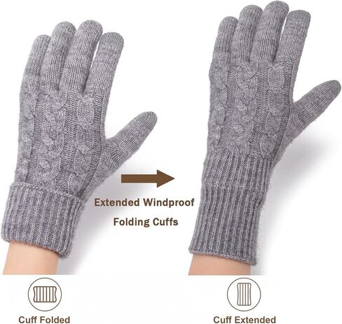 Winter Warm Fleece Lined Gloves for Women, Thermal Wool Cable Knit Gloves for Cold Weather, Touchscreen Fingers Folding Cuffs in Kuwait