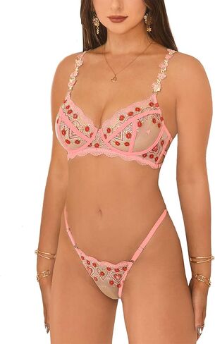 Women's Sexy Lingerie Set, Satin 3D Embroidered Lace Lingerie Two-piece Set Pink in Kuwait